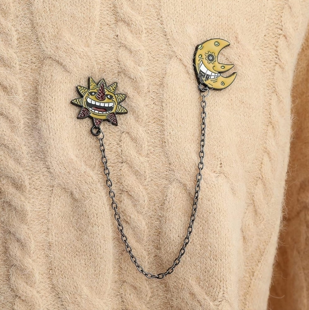 Sun & Moon Cartoon Chain Pin Brooch - Yellow Soul Eater Anime